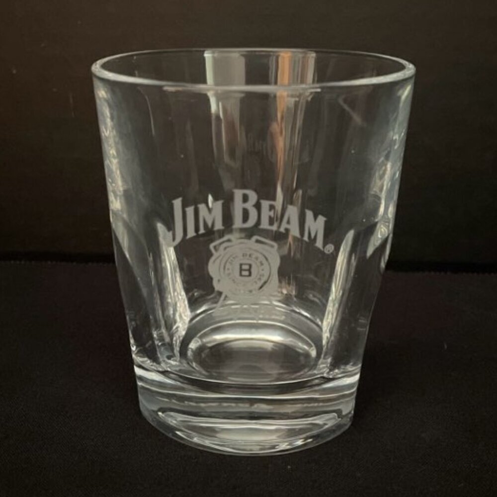 Jim Beam Low Ball Whiskey Glass Clear Etched Indented Sides 8 oz‎ Barware